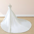 White Satin Cap Sleeve Lace-Up Wedding Dress With Pearls - Curvevia
