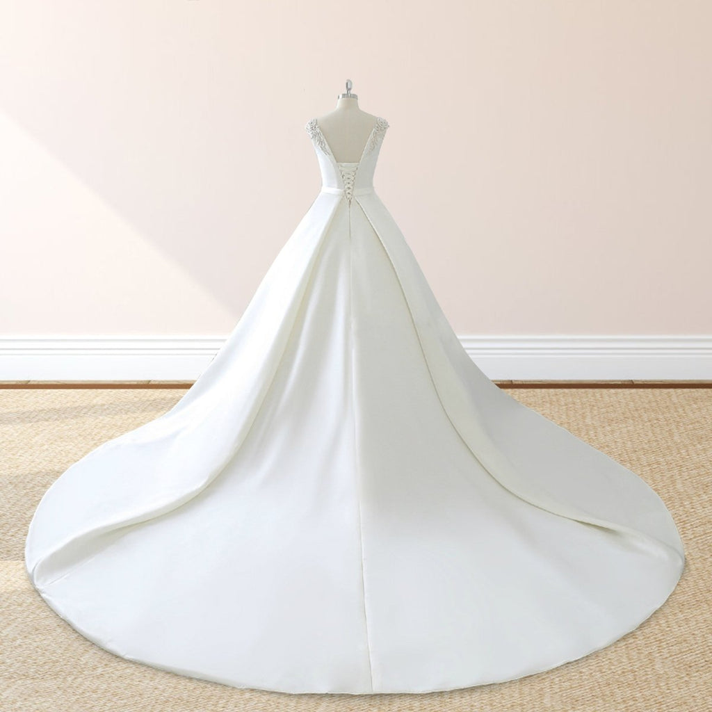 White Satin Cap Sleeve Lace-Up Wedding Dress With Pearls - Curvevia