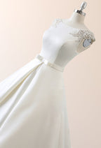 White Satin Cap Sleeve Lace-Up Wedding Dress With Pearls - Curvevia