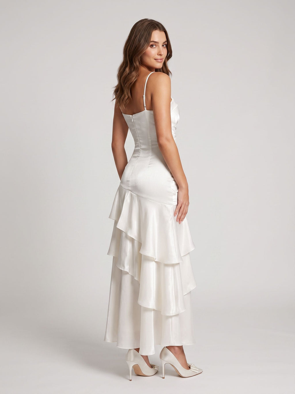 White Satin Mermaid Straight Neck Backless Floor-Length Dress with Cascading Ruffles - Curvevia