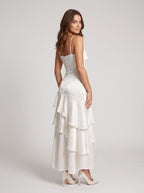 White Satin Mermaid Straight Neck Backless Floor-Length Dress with Cascading Ruffles - Curvevia