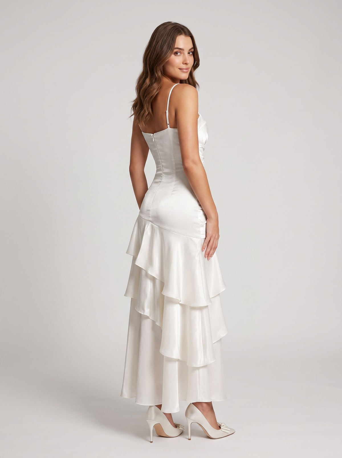 White Satin Mermaid Straight Neck Backless Floor-Length Dress with Cascading Ruffles - Curvevia