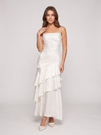 White Satin Mermaid Straight Neck Backless Floor-Length Dress with Cascading Ruffles - Curvevia