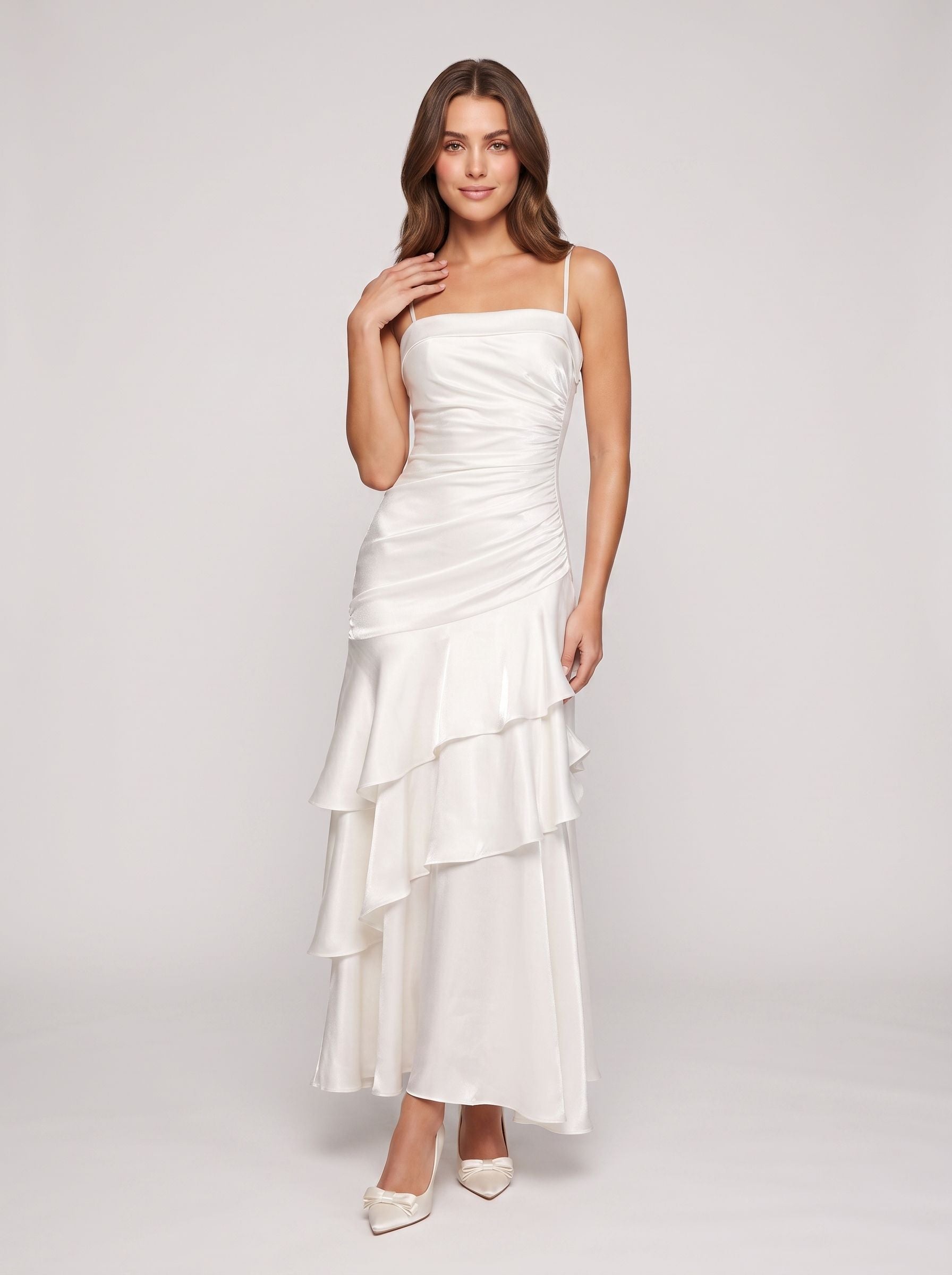White Satin Mermaid Straight Neck Backless Floor-Length Dress with Cascading Ruffles - Curvevia