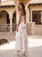 White Satin Mermaid Straight Neck Backless Floor-Length Dress with Cascading Ruffles - Curvevia