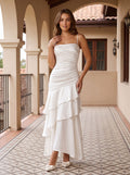 White Satin Mermaid Straight Neck Backless Floor-Length Dress with Cascading Ruffles - Curvevia