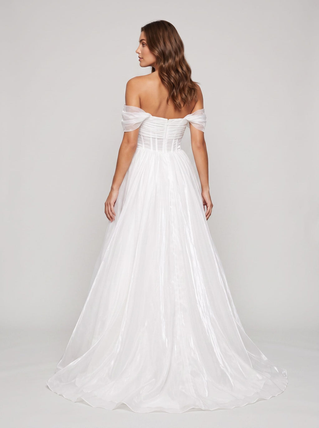 White mesh A-Line Off-the-Shoulder Corset Back Floor-Length Dress with Structured Corset Bodice - Curvevia