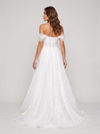 White mesh A-Line Off-the-Shoulder Corset Back Floor-Length Dress with Structured Corset Bodice - Curvevia