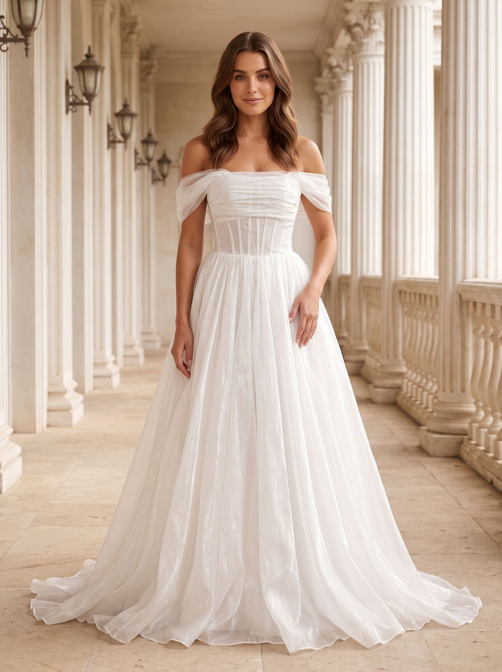 White mesh A-Line Off-the-Shoulder Corset Back Floor-Length Dress with Structured Corset Bodice - Curvevia