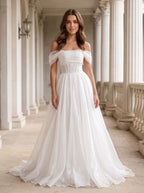 White mesh A-Line Off-the-Shoulder Corset Back Floor-Length Dress with Structured Corset Bodice - Curvevia