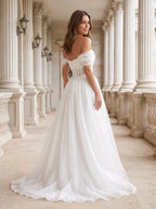 White mesh A-Line Off-the-Shoulder Corset Back Floor-Length Dress with Structured Corset Bodice - Curvevia