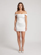 White Satin Sheath Off-the-Shoulder Back Zip Short Dress with Pleated Bodice - Curvevia