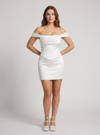 White Satin Sheath Off-the-Shoulder Back Zip Short Dress with Pleated Bodice - Curvevia