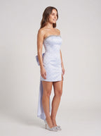 Mist Satin Sheath Straight Neck Short Dress with Bow - Curvevia