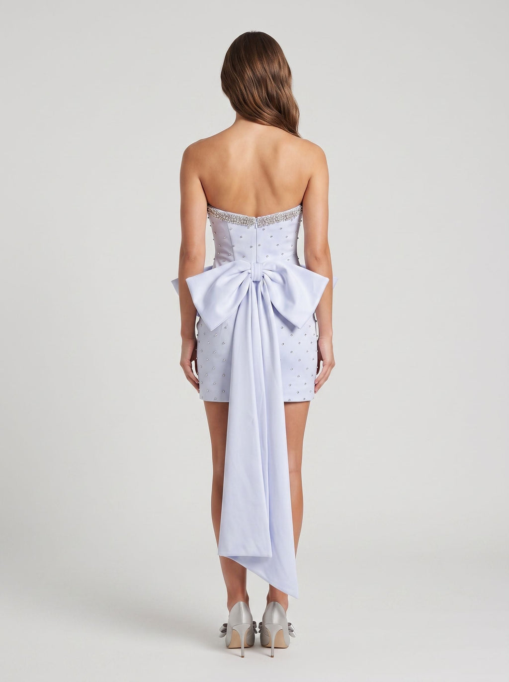 Mist Satin Sheath Straight Neck Short Dress with Bow - Curvevia