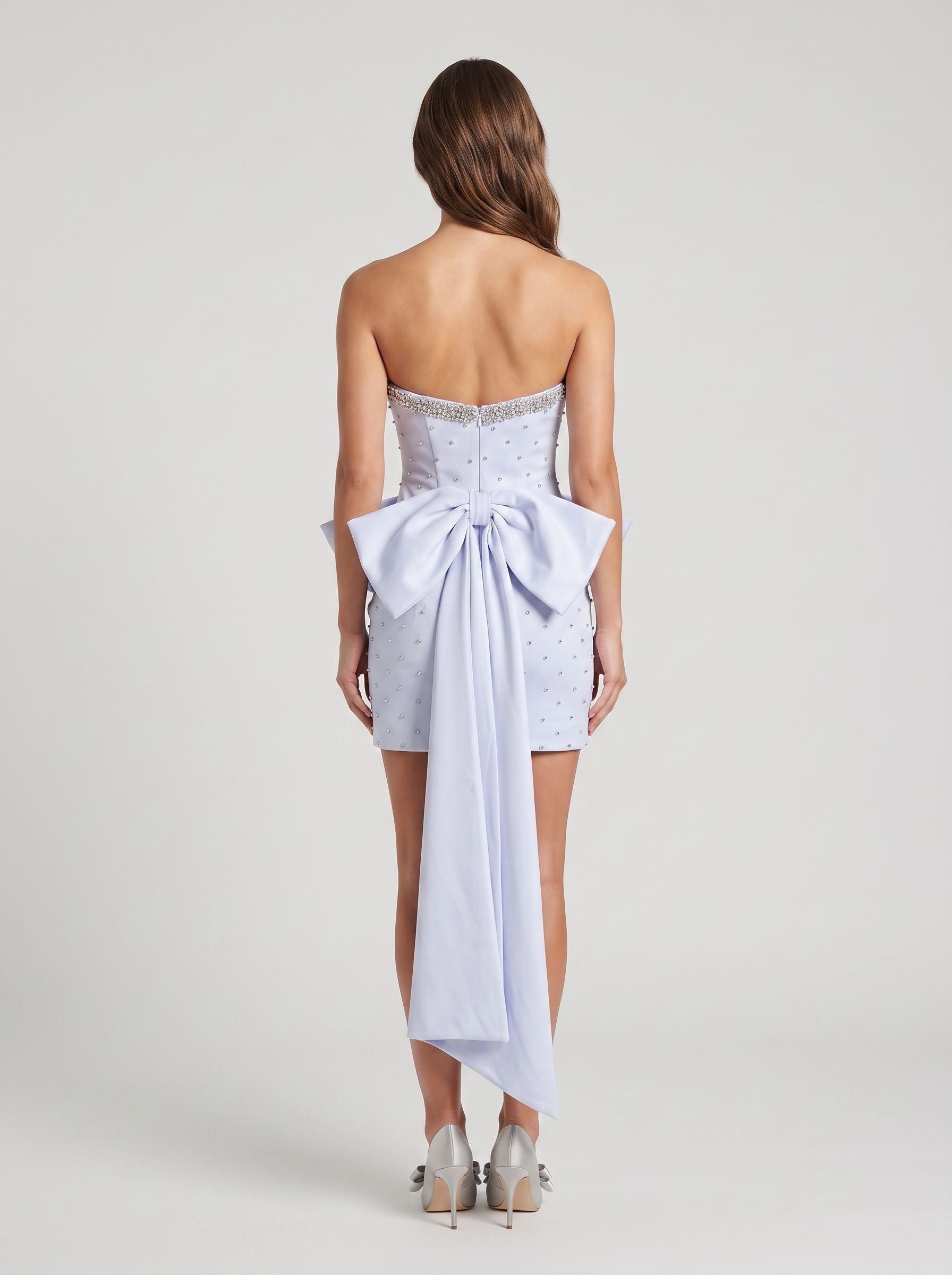 Mist Satin Sheath Straight Neck Short Dress with Bow - Curvevia