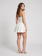 White Satin A-Line Straight Neck Backless Short Dress with Pleating - Curvevia