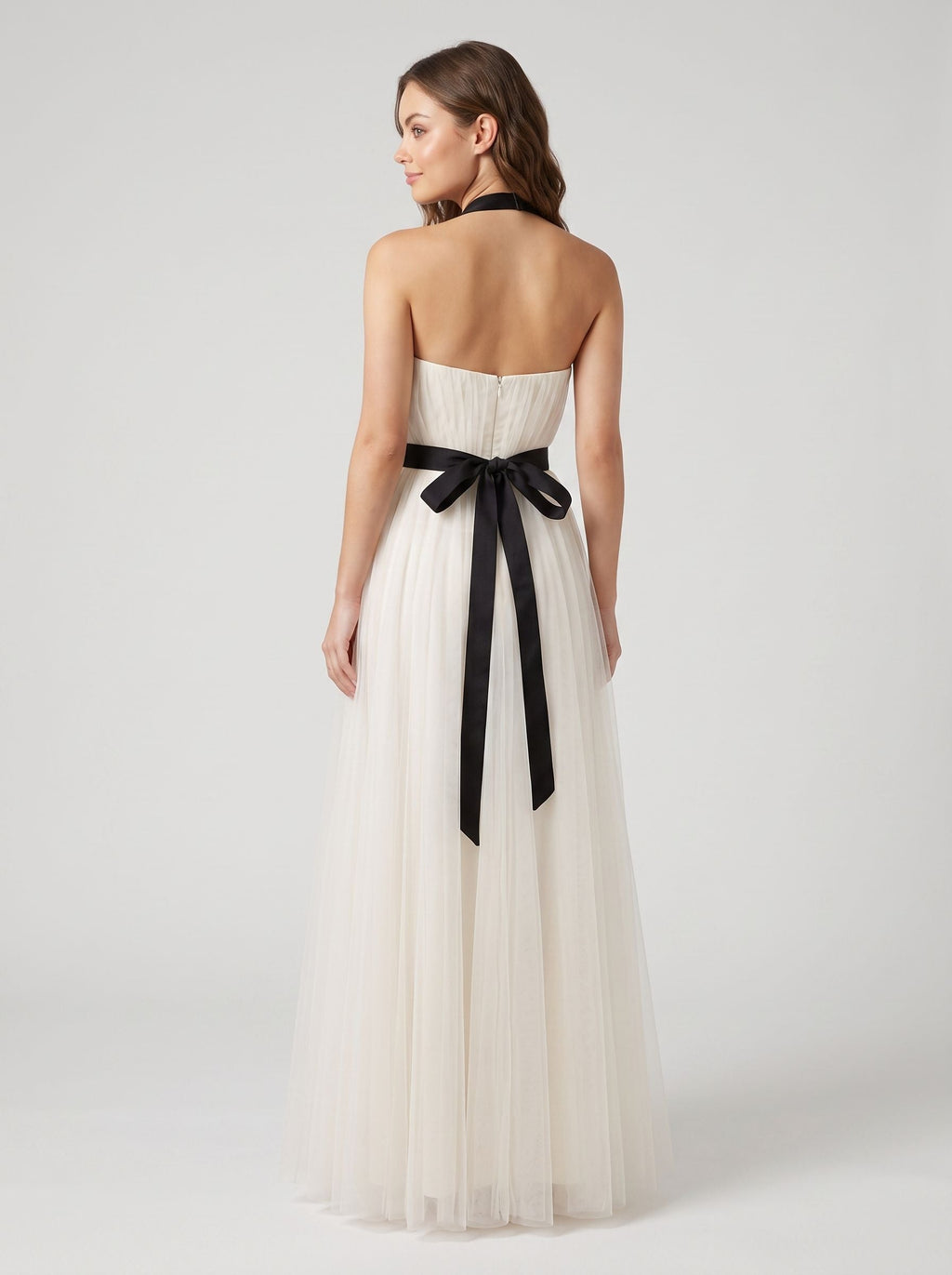 White Tulle A-Line Straight Neck Back Zip Floor-Length Dress with Minimalist tube bodice - Curvevia