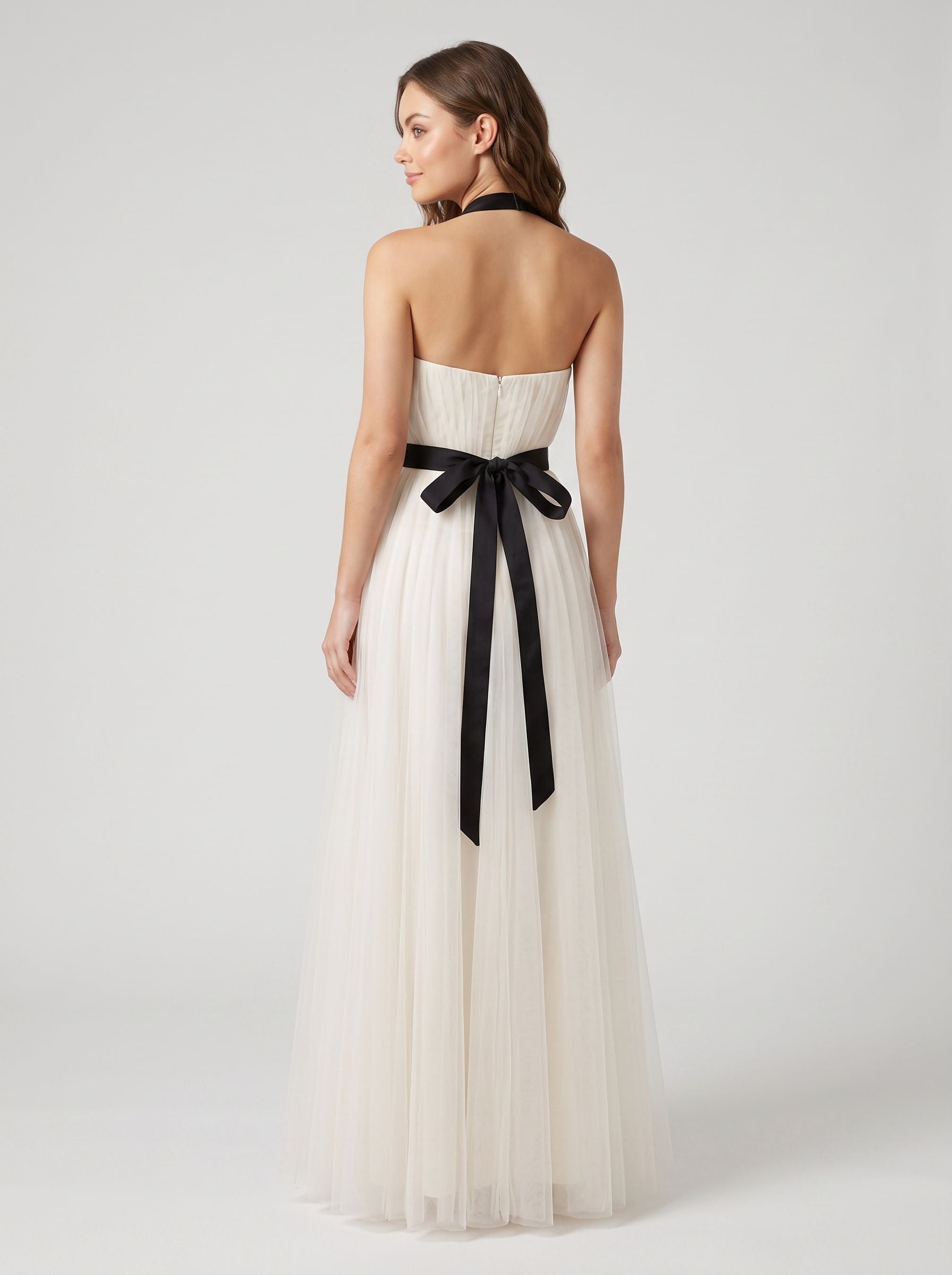 White Tulle A-Line Straight Neck Back Zip Floor-Length Dress with Minimalist tube bodice - Curvevia