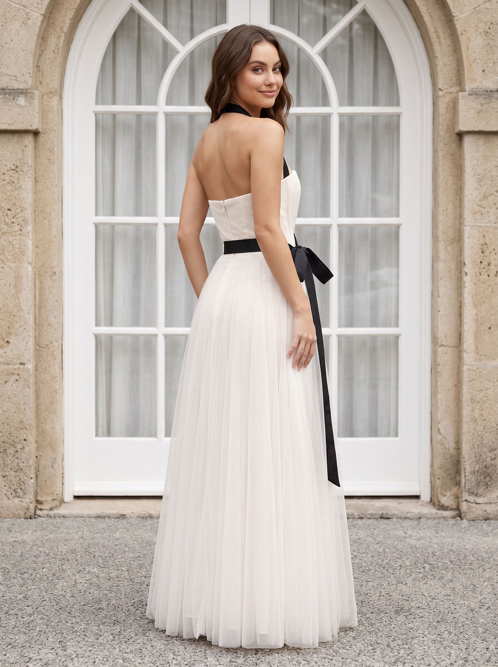 White Tulle A-Line Straight Neck Back Zip Floor-Length Dress with Minimalist tube bodice - Curvevia