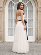 White Tulle A-Line Straight Neck Back Zip Floor-Length Dress with Minimalist tube bodice - Curvevia