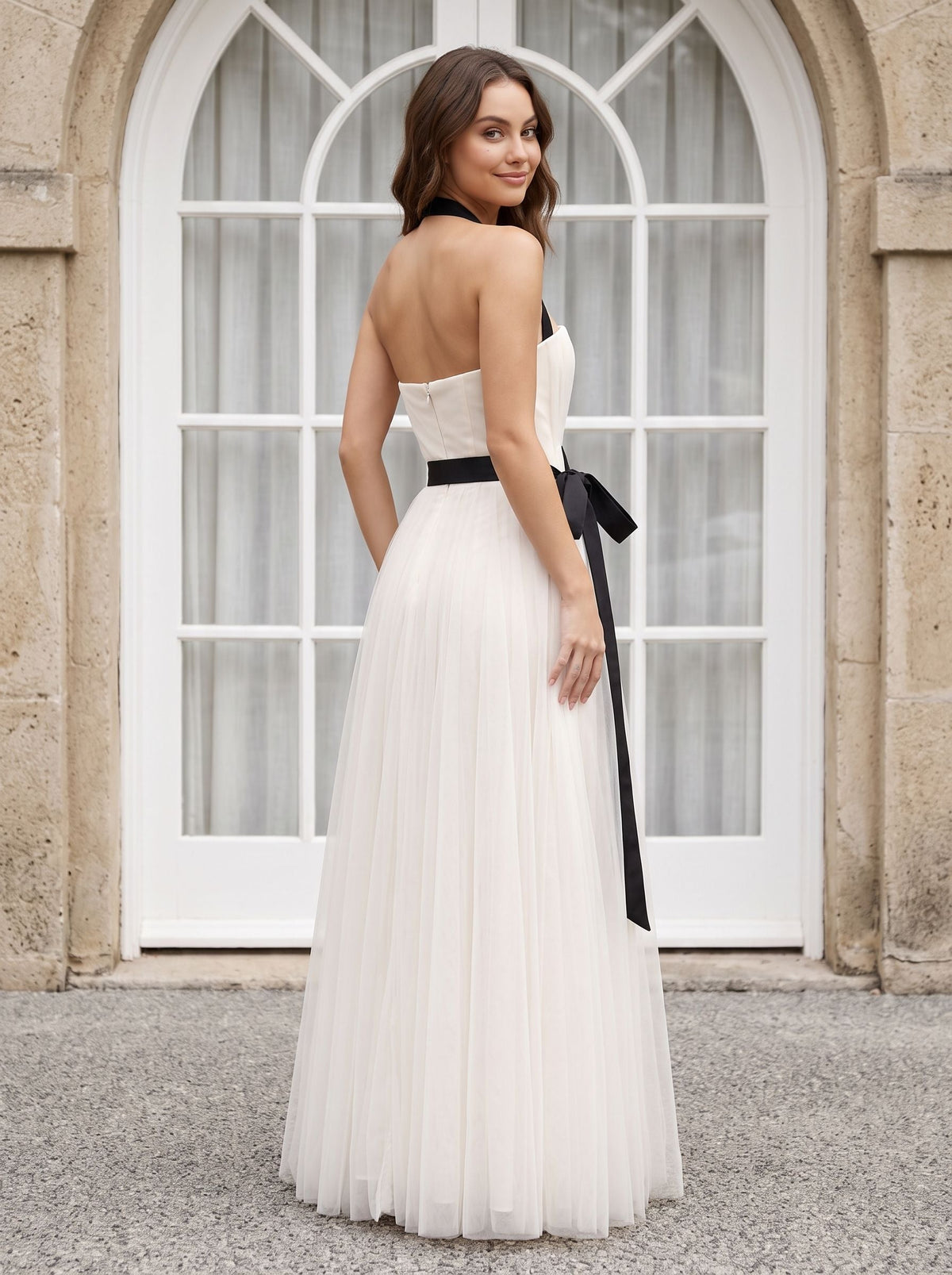 White Tulle A-Line Straight Neck Back Zip Floor-Length Dress with Minimalist tube bodice - Curvevia