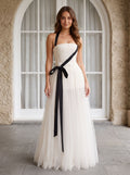 White Tulle A-Line Straight Neck Back Zip Floor-Length Dress with Minimalist tube bodice - Curvevia