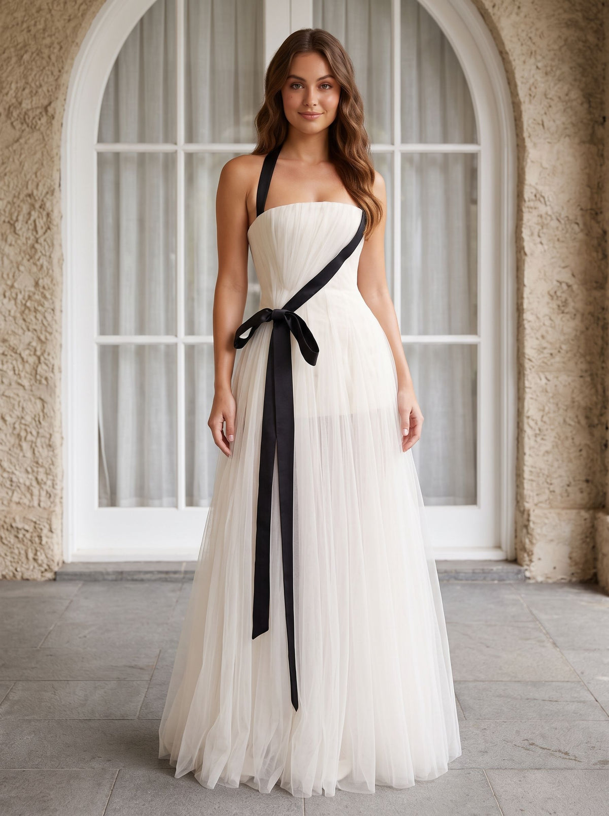 White Tulle A-Line Straight Neck Back Zip Floor-Length Dress with Minimalist tube bodice - Curvevia