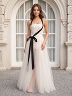 White Tulle A-Line Straight Neck Back Zip Floor-Length Dress with Minimalist tube bodice - Curvevia