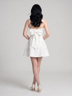 White Satin A-Line Straight Neck Bow Mini Dress with Delicate Bow Accents - Curvevia