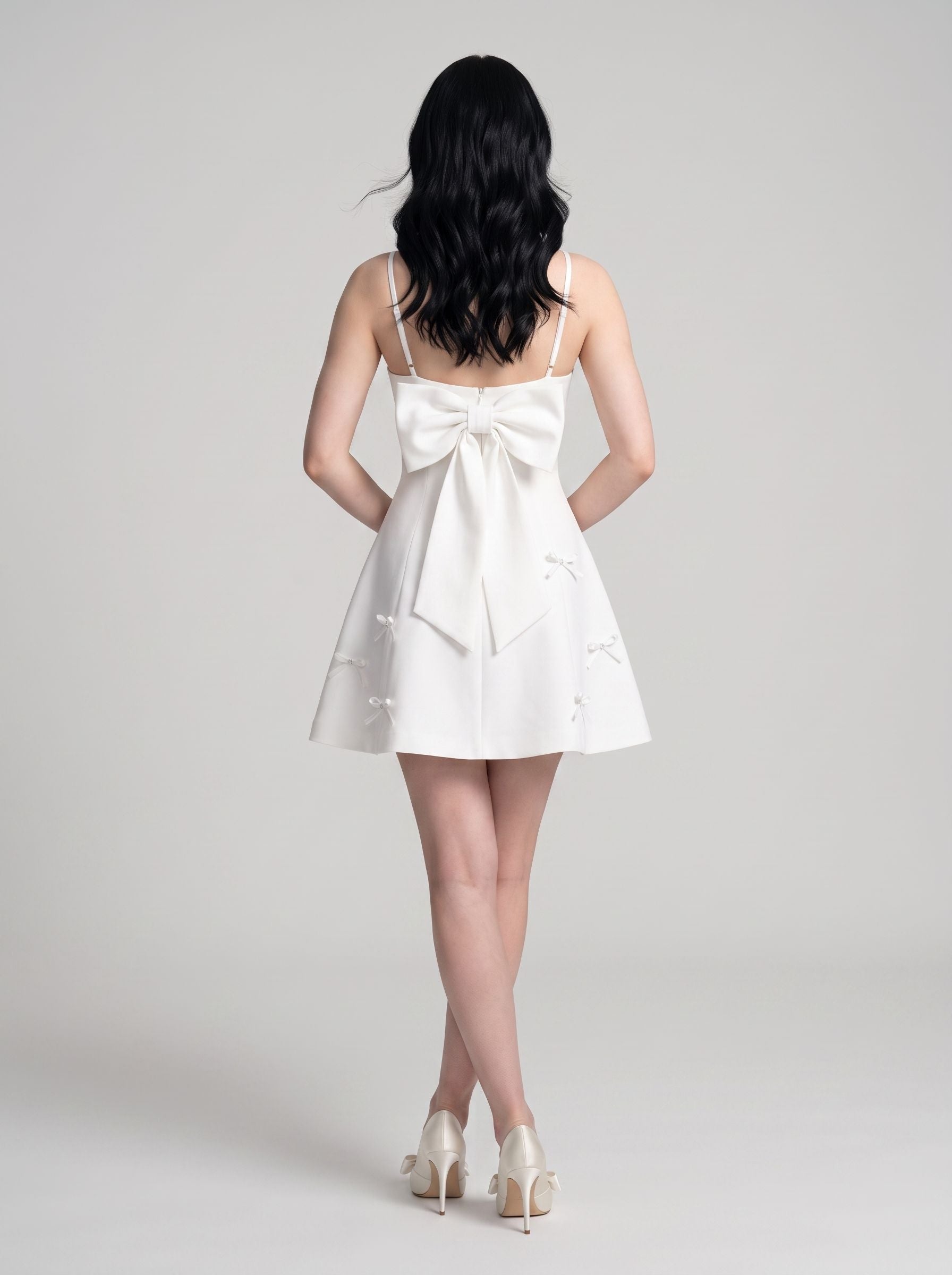 White Satin A-Line Straight Neck Bow Mini Dress with Delicate Bow Accents - Curvevia