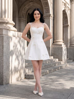 White Satin A-Line Straight Neck Bow Mini Dress with Delicate Bow Accents - Curvevia