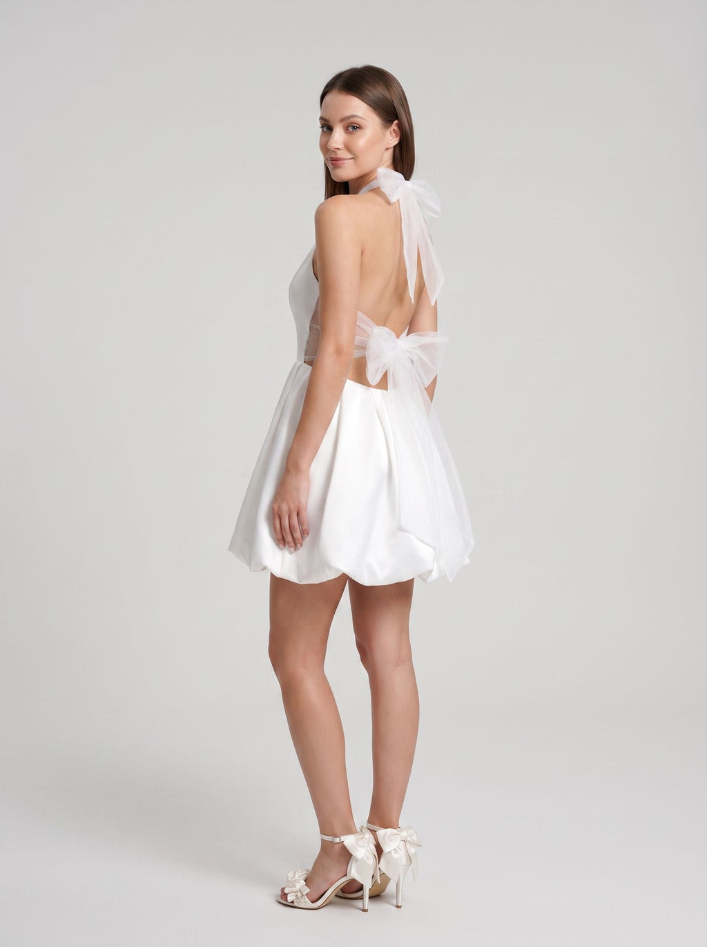 White Satin A-Line Halter neckline Backless Short Dress with Structured Drape - Curvevia