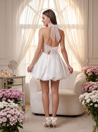 White Satin A-Line Halter neckline Backless Short Dress with Structured Drape - Curvevia