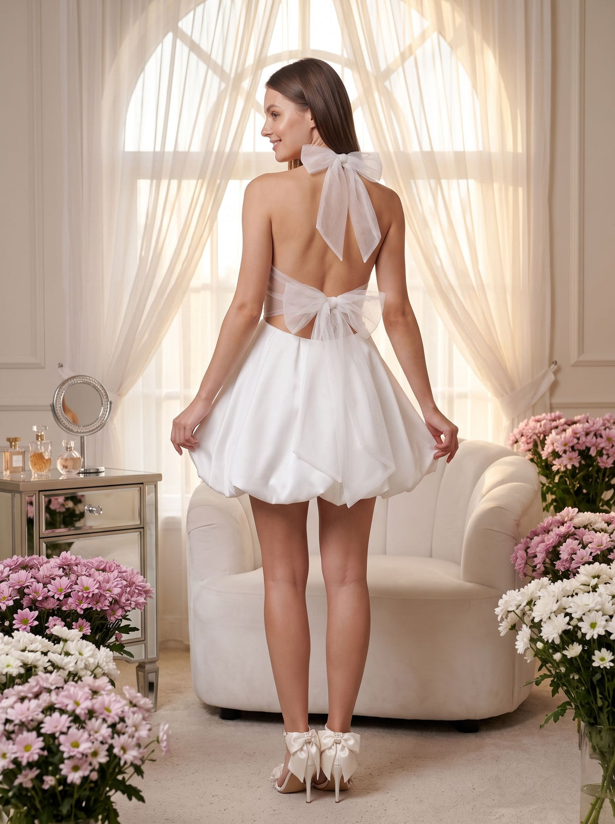 White Satin A-Line Halter neckline Backless Short Dress with Structured Drape - Curvevia