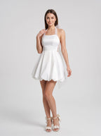 White Satin A-Line Halter neckline Backless Short Dress with Structured Drape - Curvevia