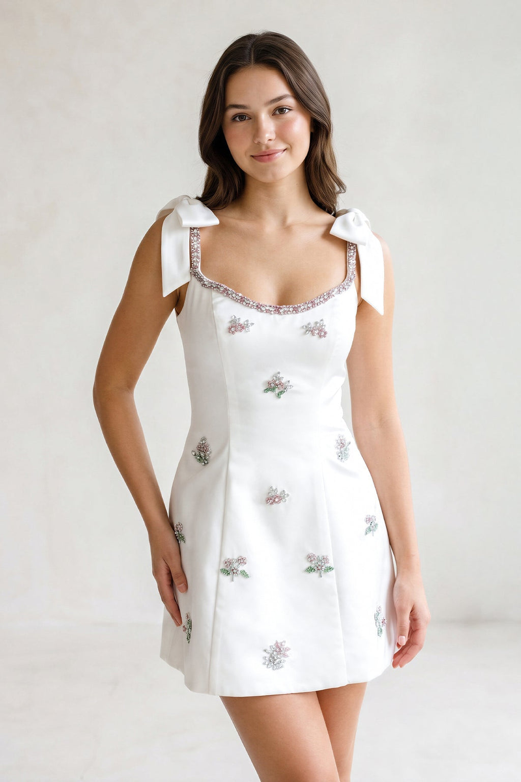 White Scoop Neck A-Line Satin Beaded Homecoming Dress with Bow - Curvevia