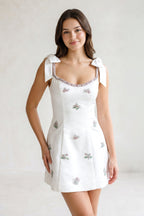 White Scoop Neck A-Line Satin Beaded Homecoming Dress with Bow - Curvevia