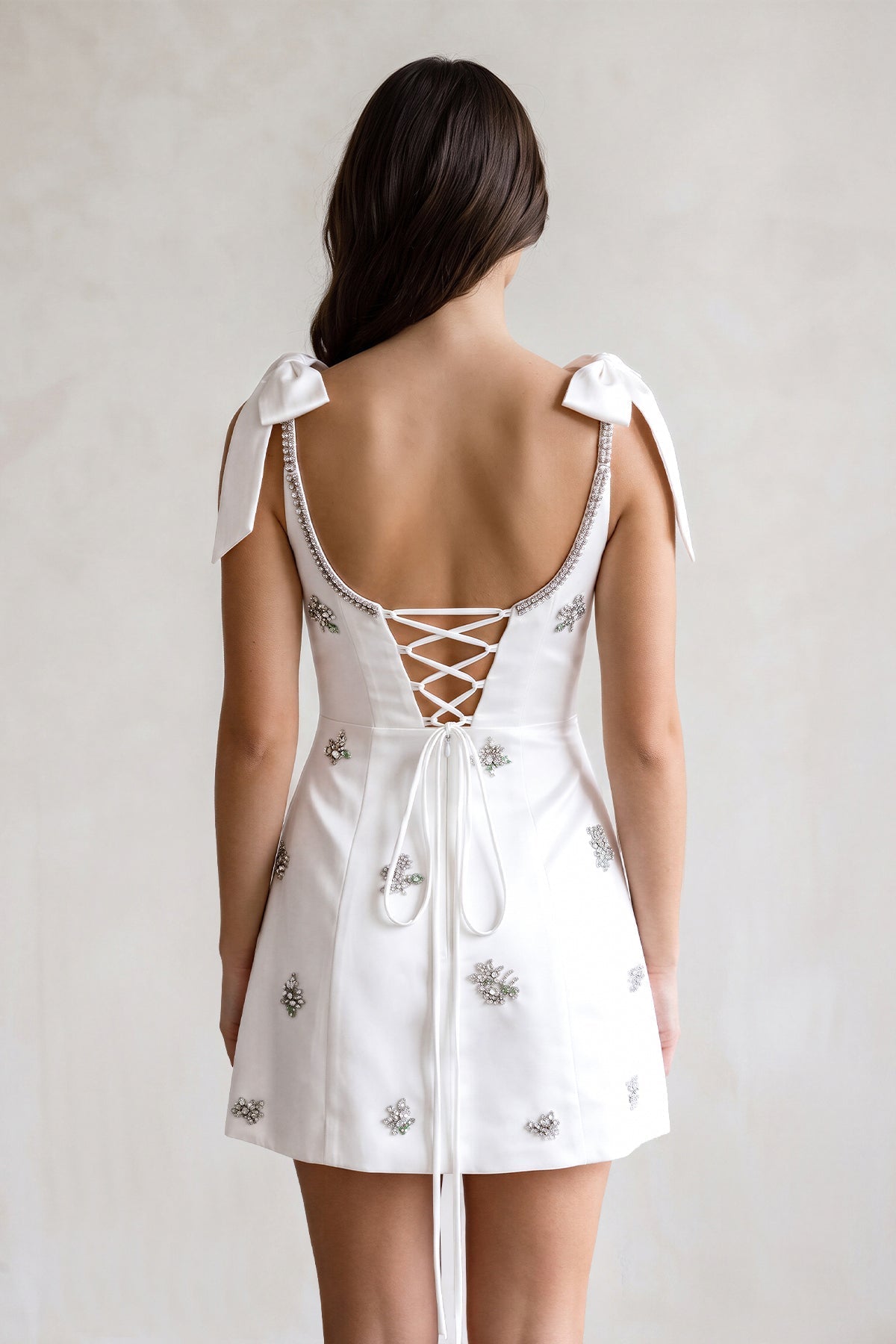 White Scoop Neck A-Line Satin Beaded Homecoming Dress with Bow - Curvevia