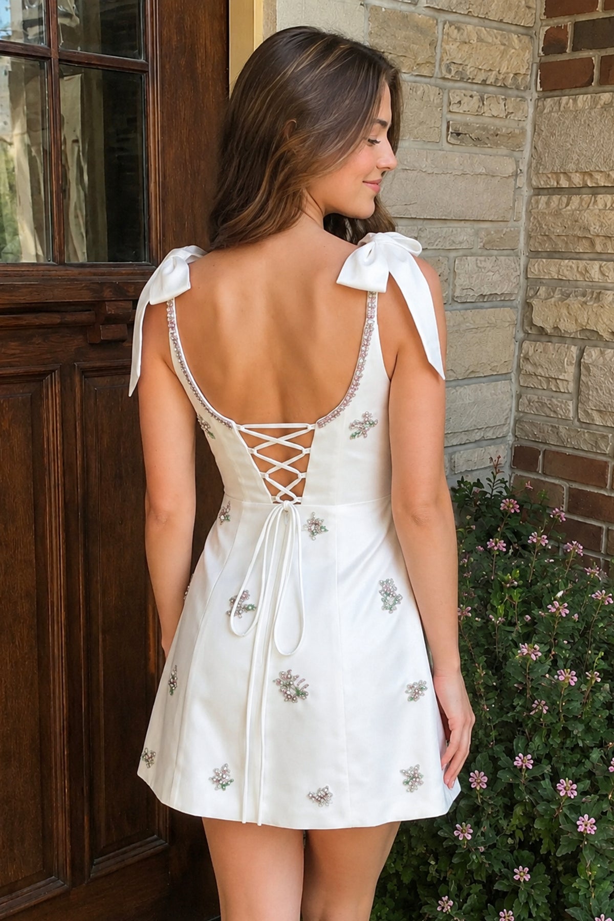 White Scoop Neck A-Line Satin Beaded Homecoming Dress with Bow - Curvevia