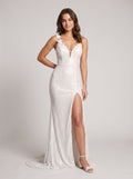 White Sequins Sheath V-Neck Backless Floor-Length Dress with 3D Floral Straps & High Slit - Curvevia