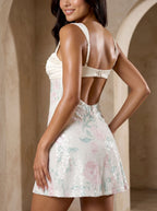 White Sequins A-Line Sweetheart Backless Short Dress with Floral Pattern - Curvevia