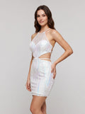 White Sequins Column Halter neckline Lace-up Short Dress with Built-in Bra - Curvevia