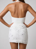 White Sequins Sheath Halter neckline Backless Short Dress with Contrast Mesh - Curvevia