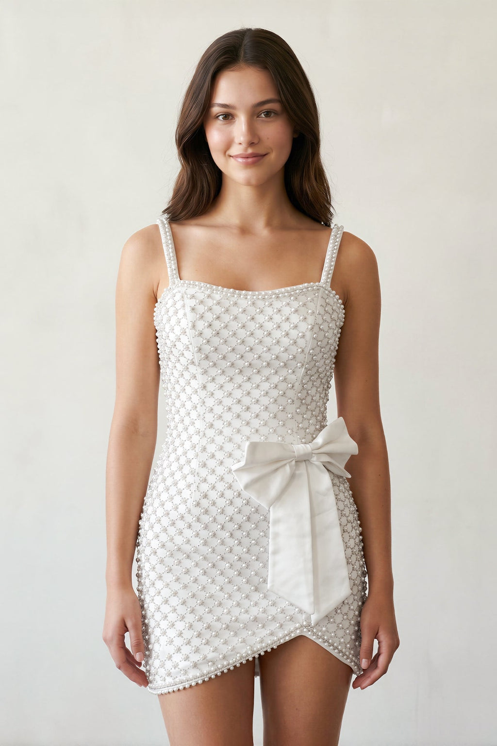 White Sheath Beaded Pearl Homecoming Dresses with Bow - Curvevia