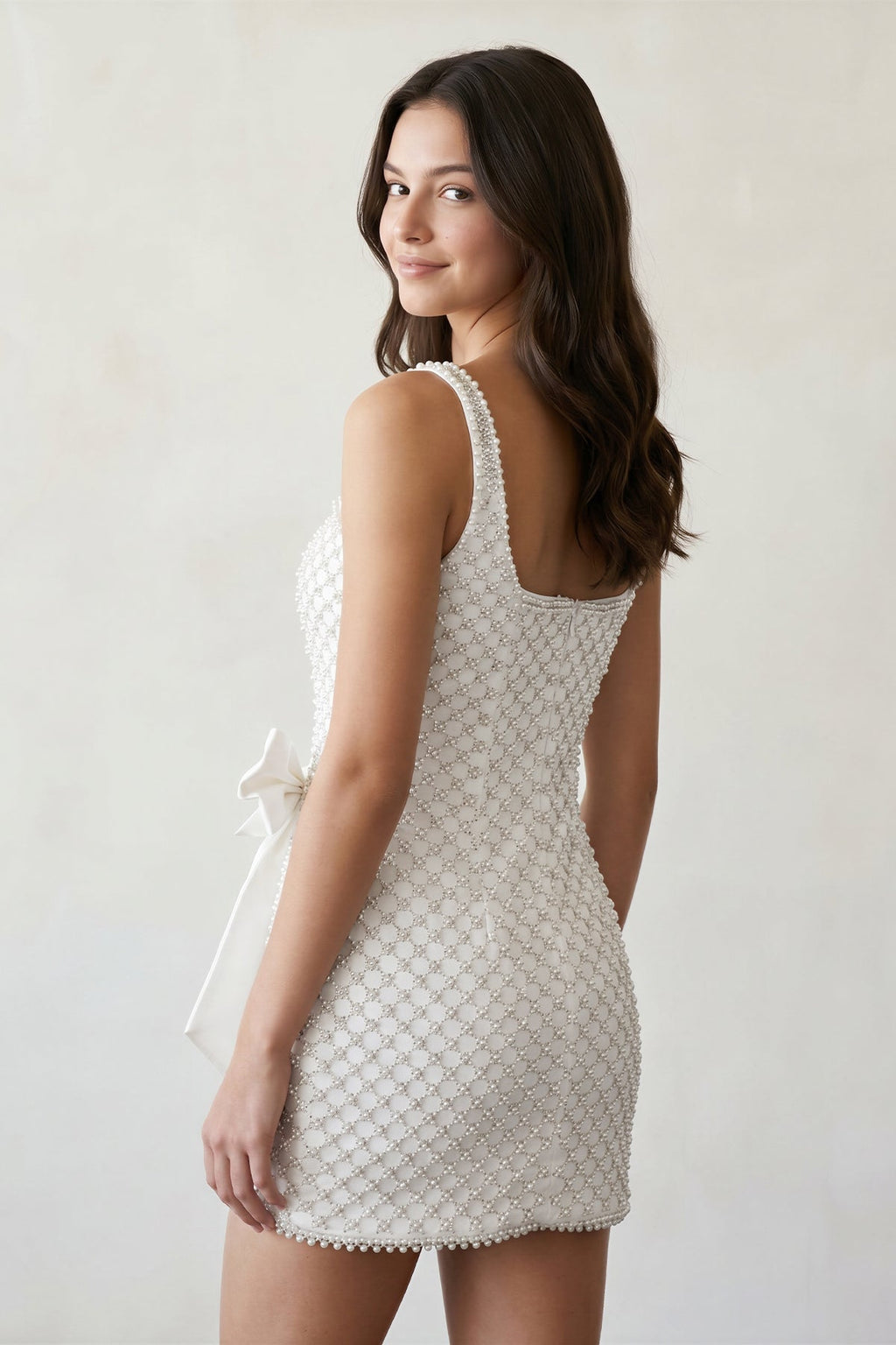 White Sheath Beaded Pearl Homecoming Dresses with Bow - Curvevia