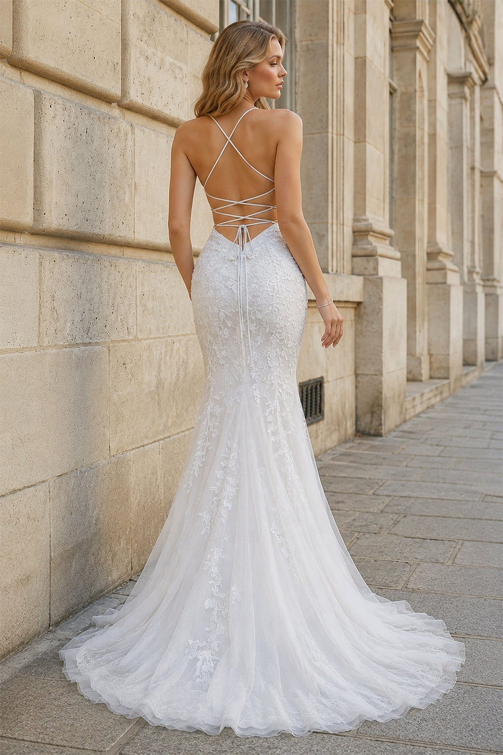 Mermaid Spaghetti Straps Lace Evening Dress - Curvevia