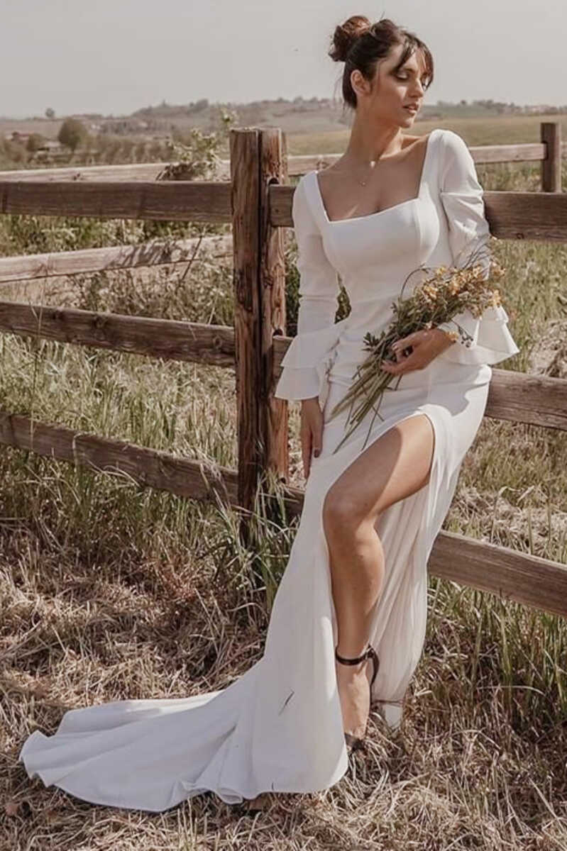 White Square Neck Mermaid Long Sleeve Wedding Dress with Slit - Curvevia