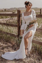 White Square Neck Mermaid Long Sleeve Wedding Dress with Slit - Curvevia