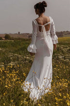 White Square Neck Mermaid Long Sleeve Wedding Dress with Slit - Curvevia